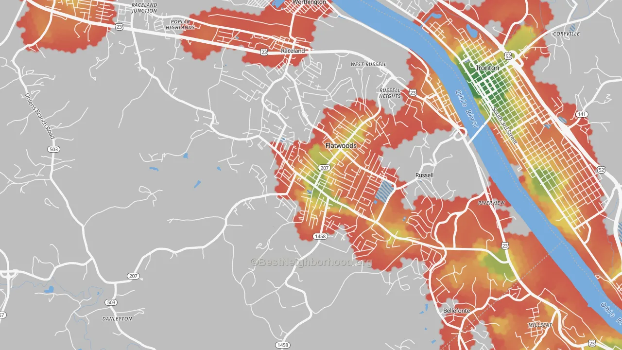 Walk Grade map of Flatwoods, KY, walkable areas in green and car-dependent areas in red