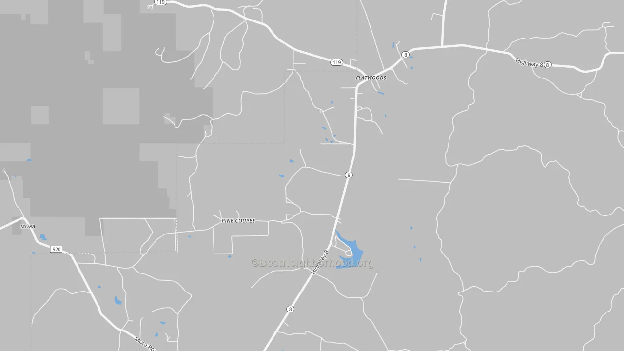 Walk Grade map of Flatwoods, LA, walkable areas in green and car-dependent areas in red