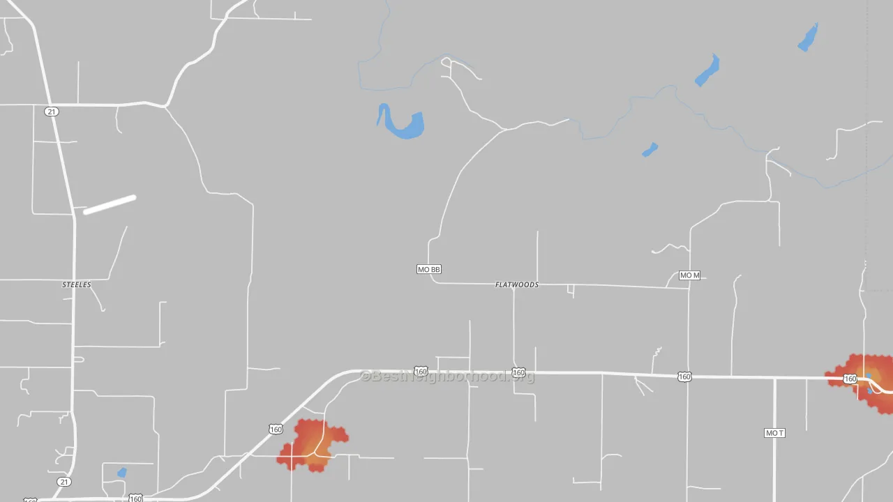 Walk Grade map of Flatwoods, MO, walkable areas in green and car-dependent areas in red