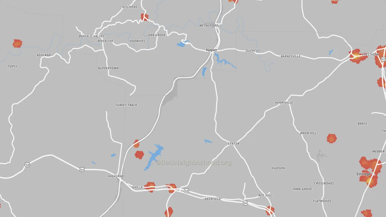 Walk Grade map of Flatwoods, TN, walkable areas in green and car-dependent areas in red