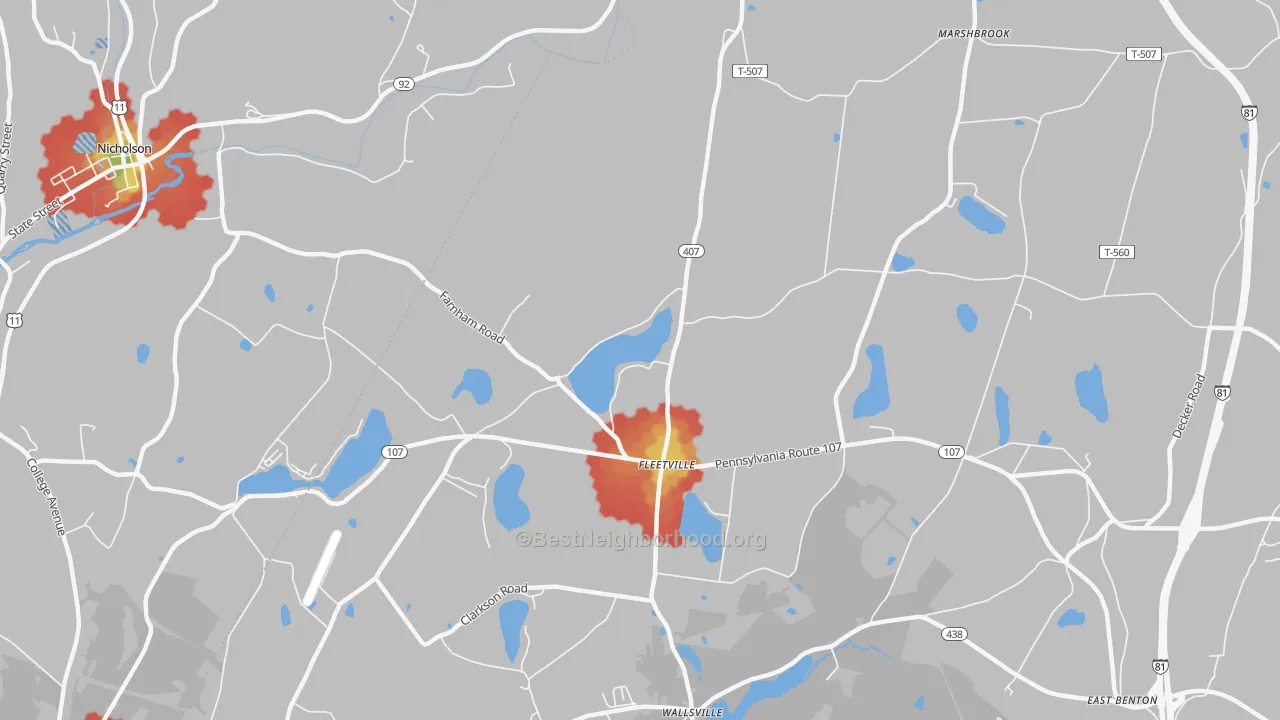 Walk Grade map of Fleetville, PA, walkable areas in green and car-dependent areas in red
