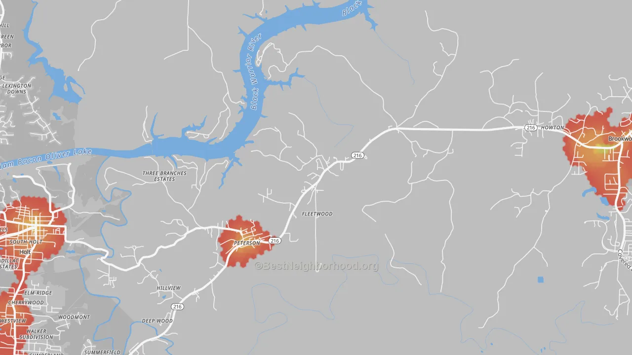 Walk Grade map of Fleetwood, AL, walkable areas in green and car-dependent areas in red