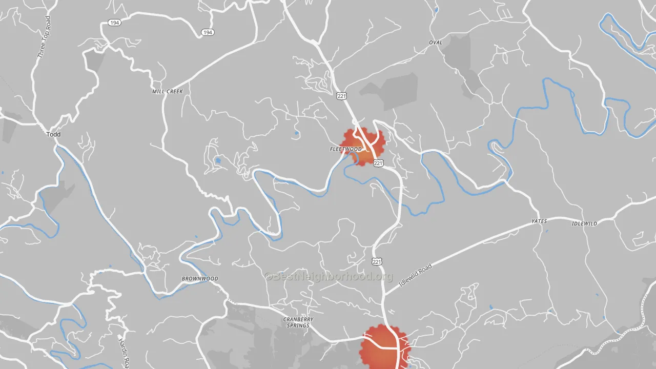 Walk Grade map of Fleetwood, NC, walkable areas in green and car-dependent areas in red