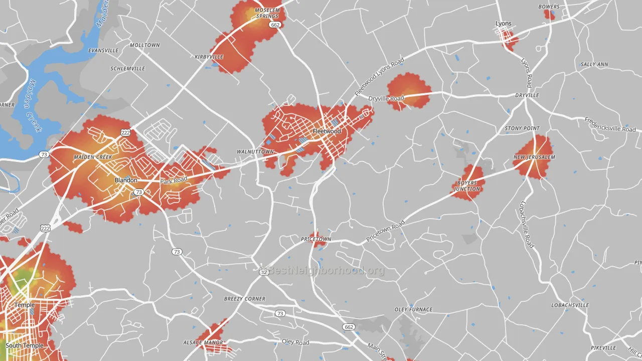 Walk Grade map of Fleetwood, PA, walkable areas in green and car-dependent areas in red