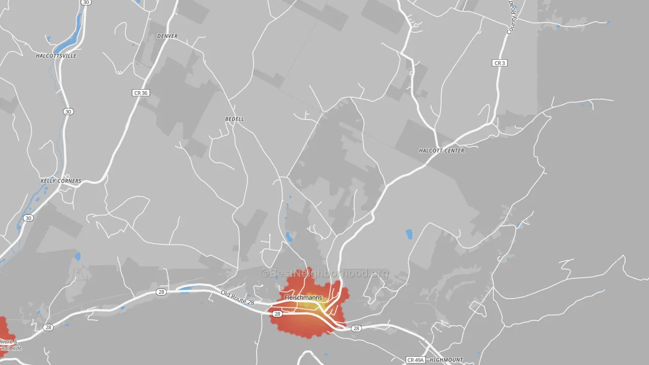 Walk Grade map of Fleischmanns, NY, walkable areas in green and car-dependent areas in red