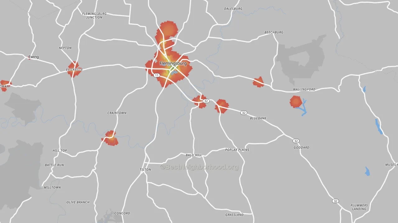 Walk Grade map of Fleming County, KY, walkable areas in green and car-dependent areas in red