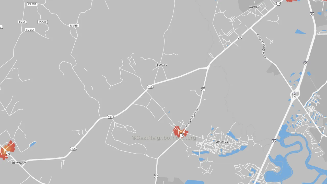 Walk Grade map of Fleming, GA, walkable areas in green and car-dependent areas in red