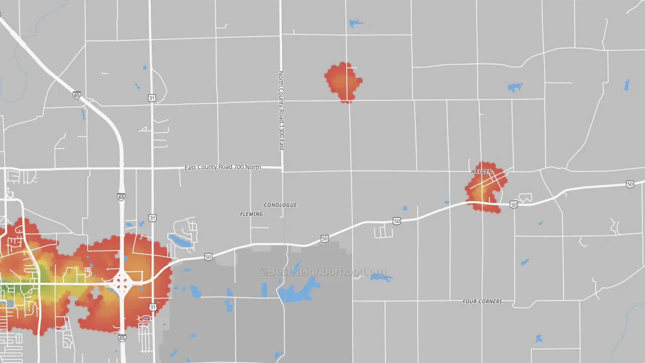 Walk Grade map of Fleming, IN, walkable areas in green and car-dependent areas in red