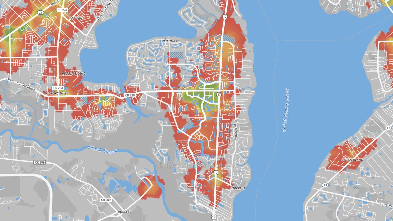 Walk Grade map of Fleming Island, FL, walkable areas in green and car-dependent areas in red