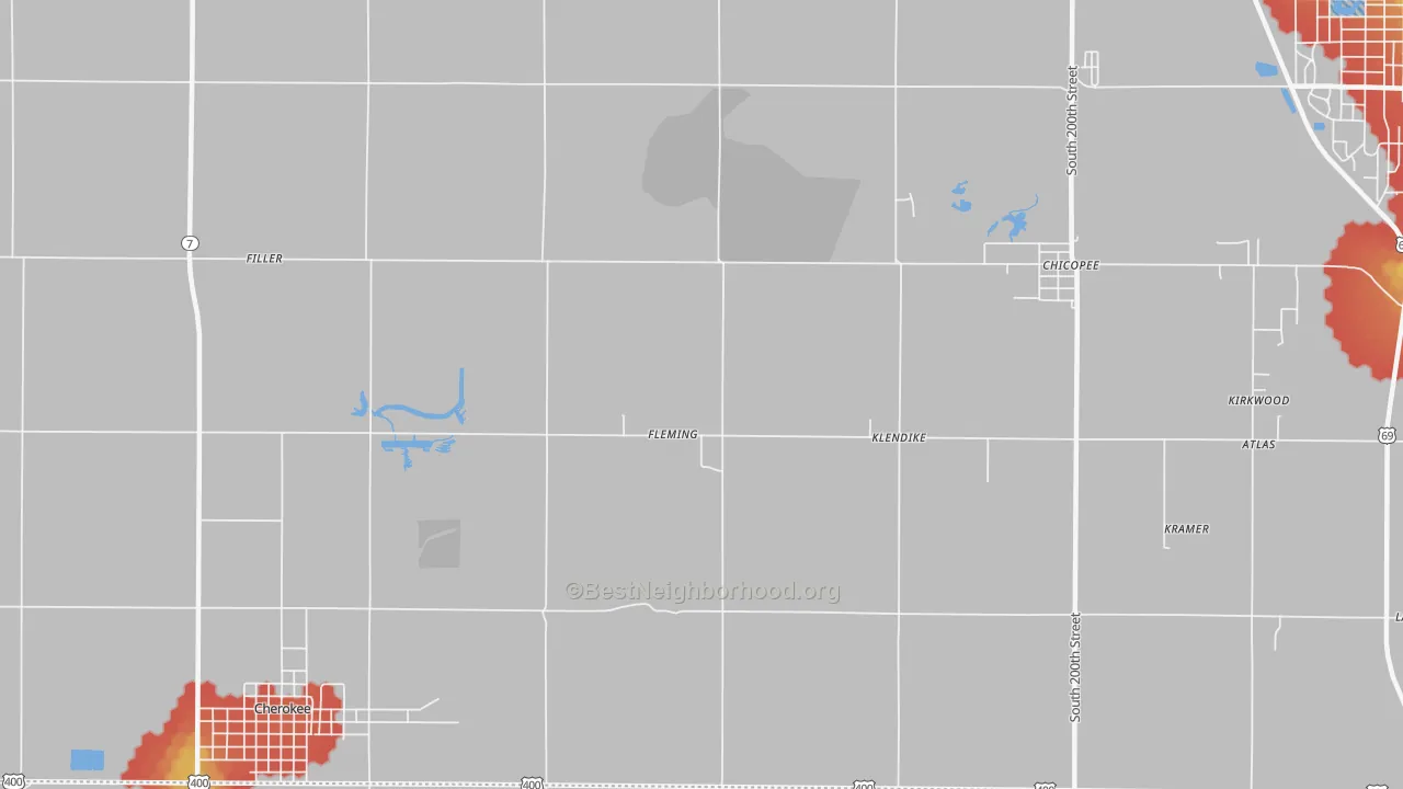 Walk Grade map of Fleming, KS, walkable areas in green and car-dependent areas in red