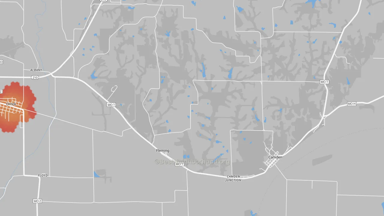 Walk Grade map of Fleming, MO, walkable areas in green and car-dependent areas in red