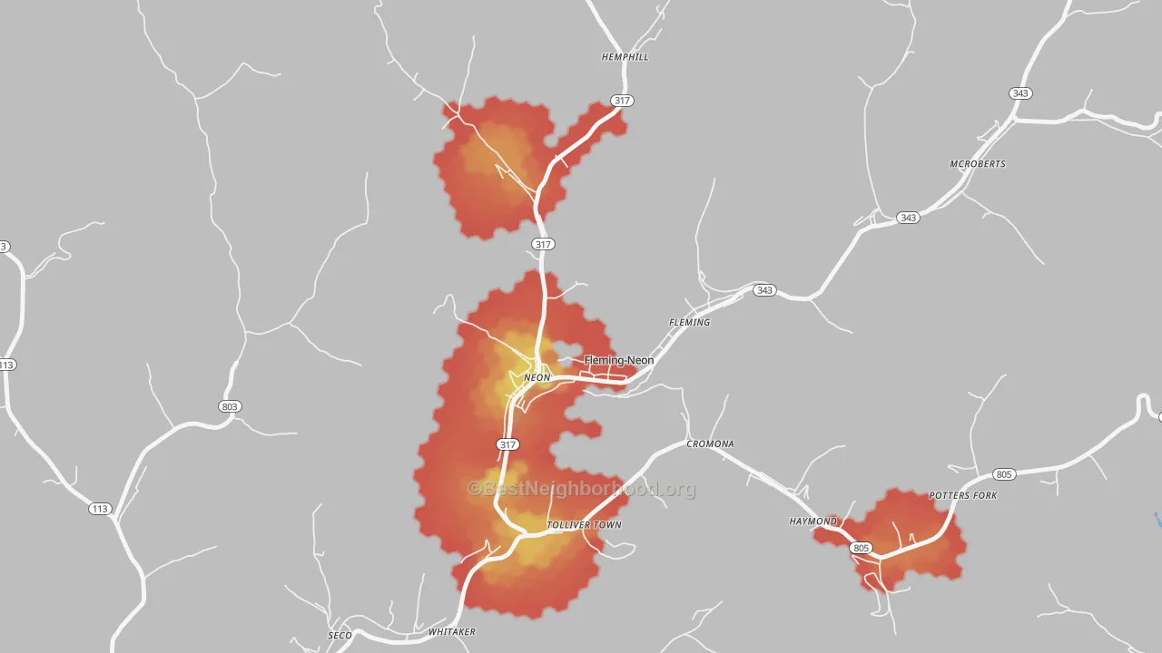 Walk Grade map of Fleming-Neon, KY, walkable areas in green and car-dependent areas in red
