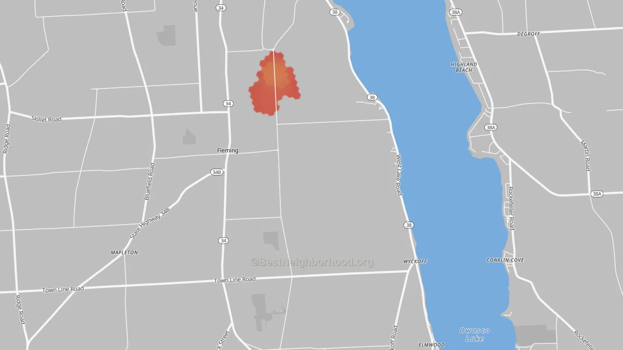 Walk Grade map of Fleming, NY, walkable areas in green and car-dependent areas in red