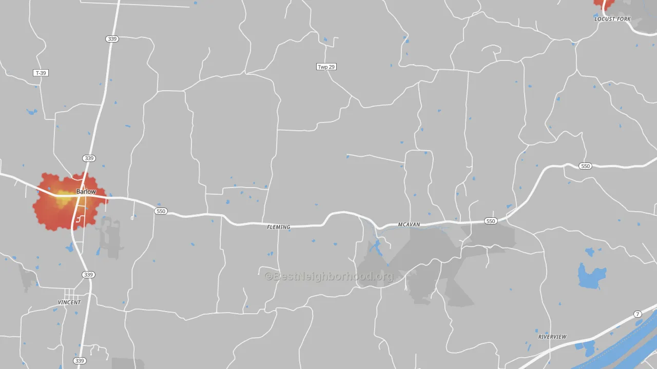 Walk Grade map of Fleming, OH, walkable areas in green and car-dependent areas in red
