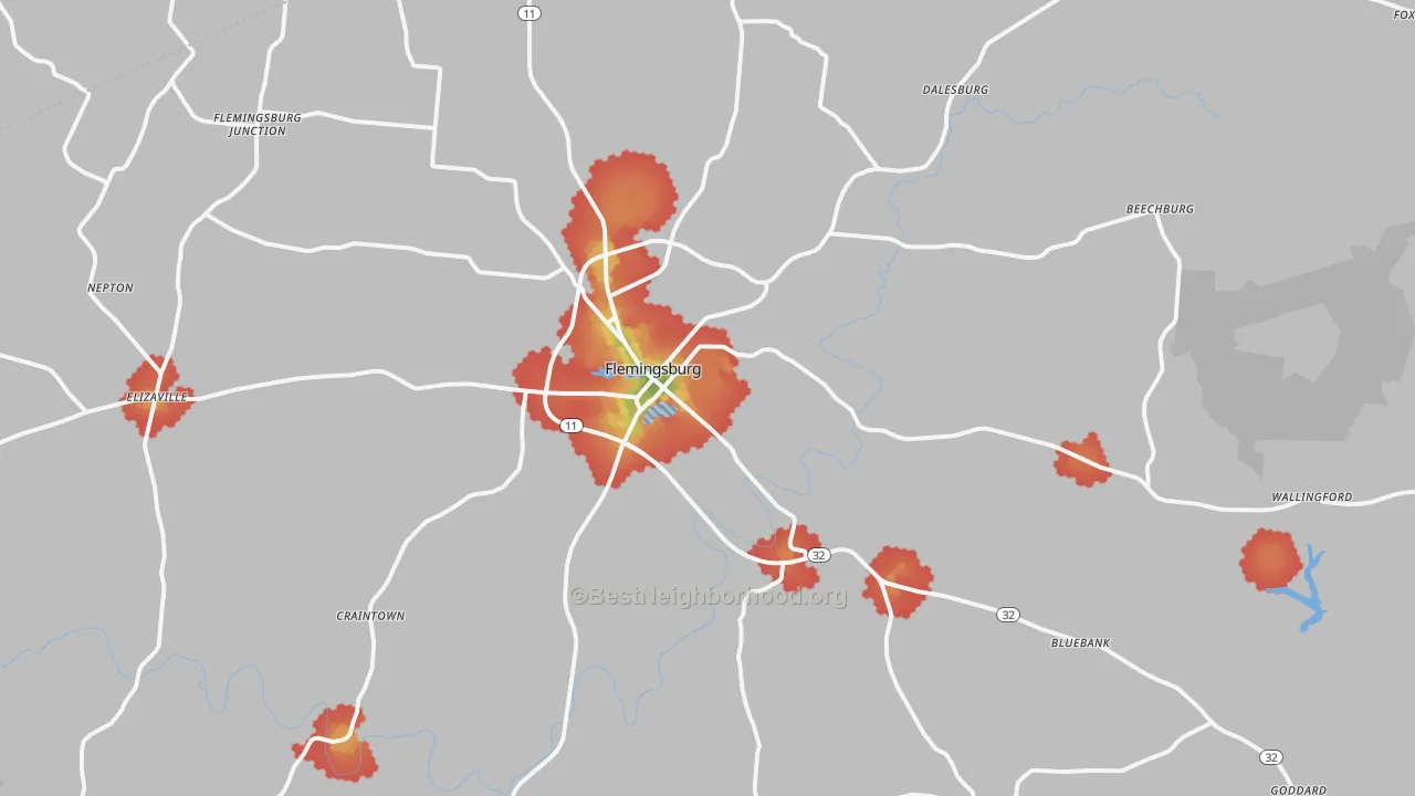 Walk Grade map of Flemingsburg, KY, walkable areas in green and car-dependent areas in red
