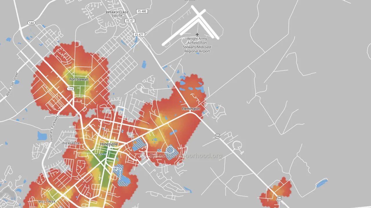 Walk Grade map of Flemington, GA, walkable areas in green and car-dependent areas in red