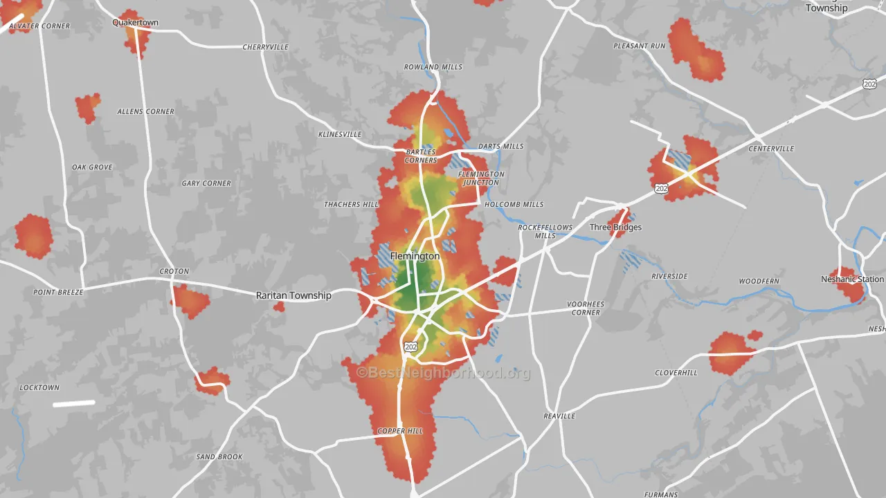 Walk Grade map of Flemington, NJ, walkable areas in green and car-dependent areas in red