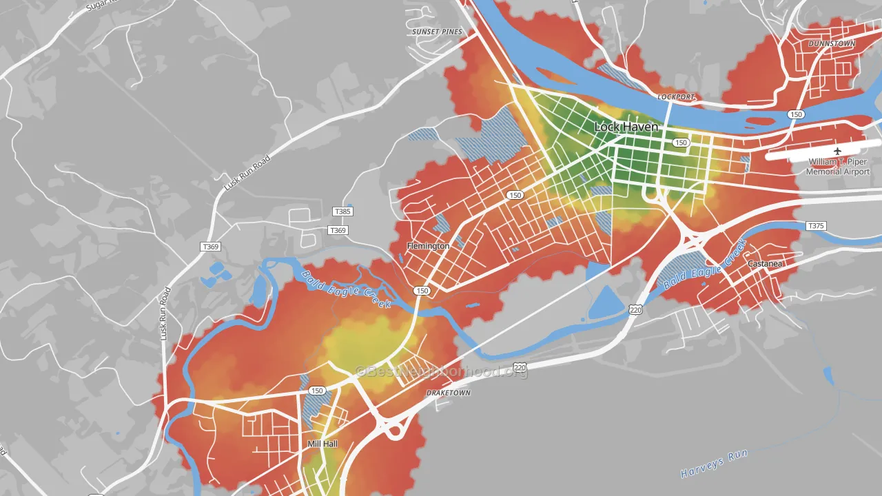 Walk Grade map of Flemington, PA, walkable areas in green and car-dependent areas in red