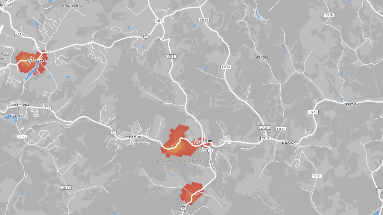 Walk Grade map of Flemington, WV, walkable areas in green and car-dependent areas in red