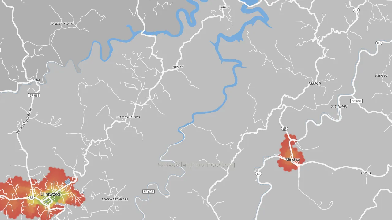 Walk Grade map of Flemingtown, VA, walkable areas in green and car-dependent areas in red