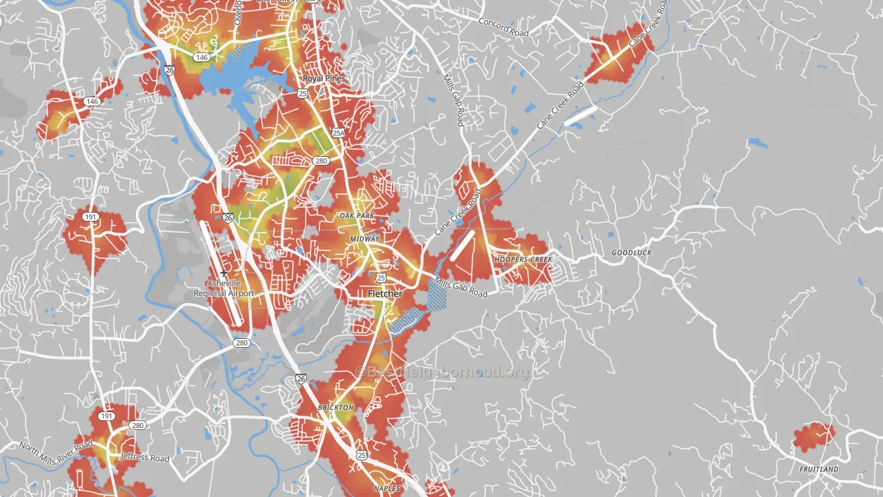 Walk Grade map of Fletcher, NC, walkable areas in green and car-dependent areas in red