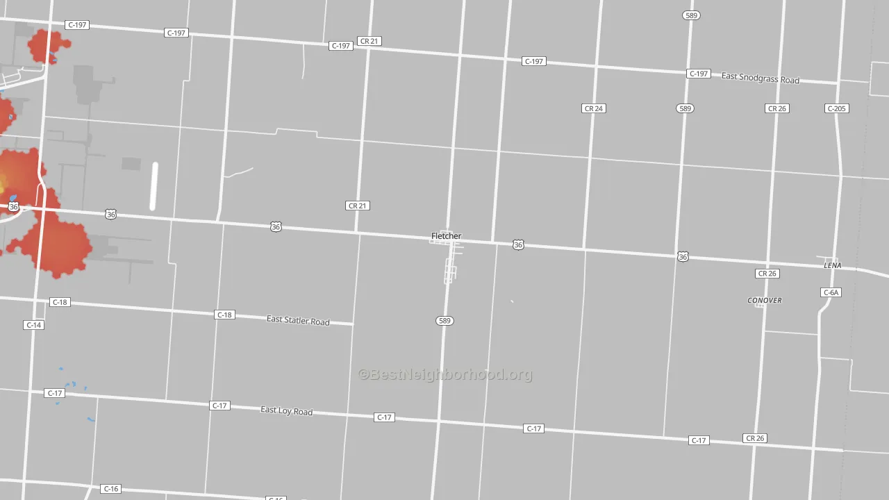 Walk Grade map of Fletcher, OH, walkable areas in green and car-dependent areas in red