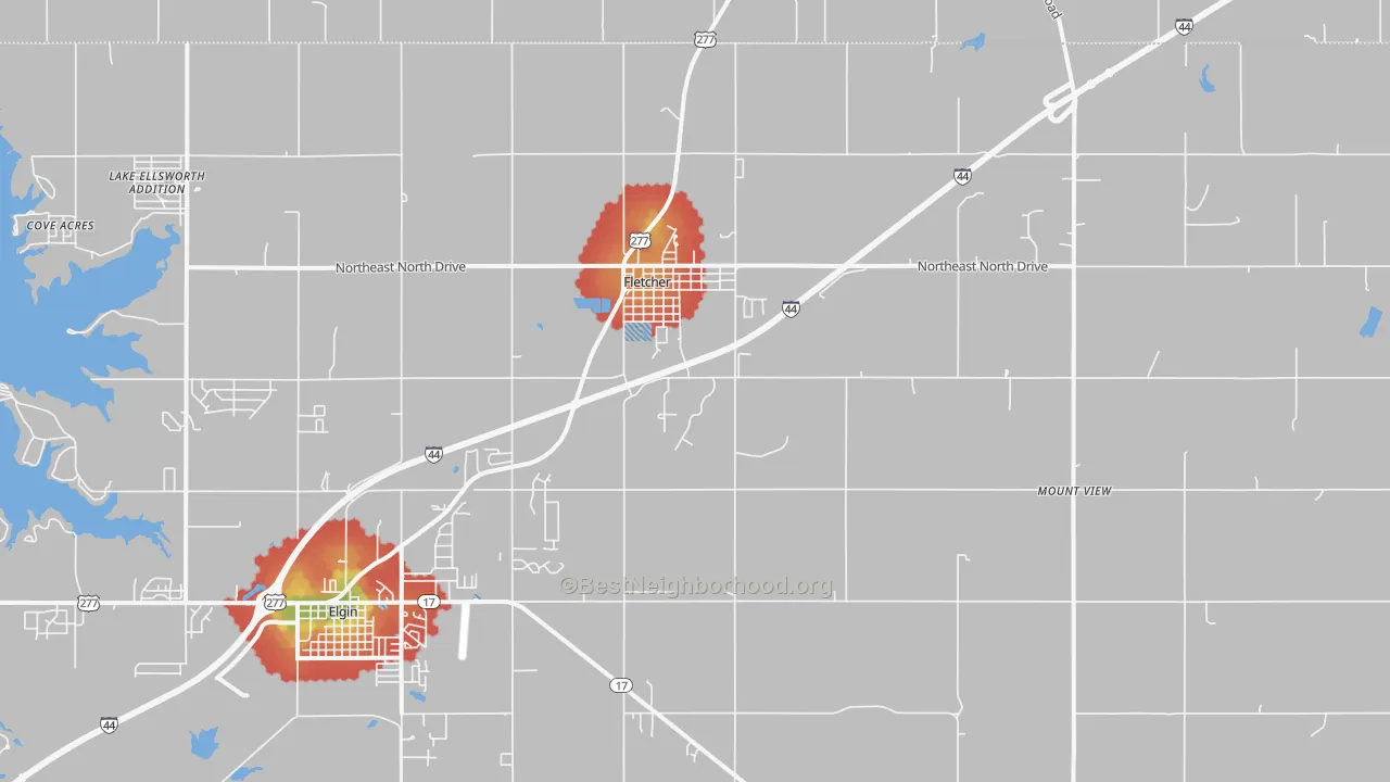 Walk Grade map of Fletcher, OK, walkable areas in green and car-dependent areas in red