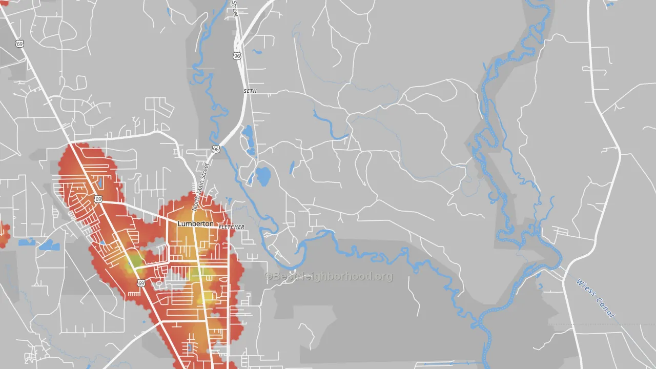 Walk Grade map of Fletcher, TX, walkable areas in green and car-dependent areas in red
