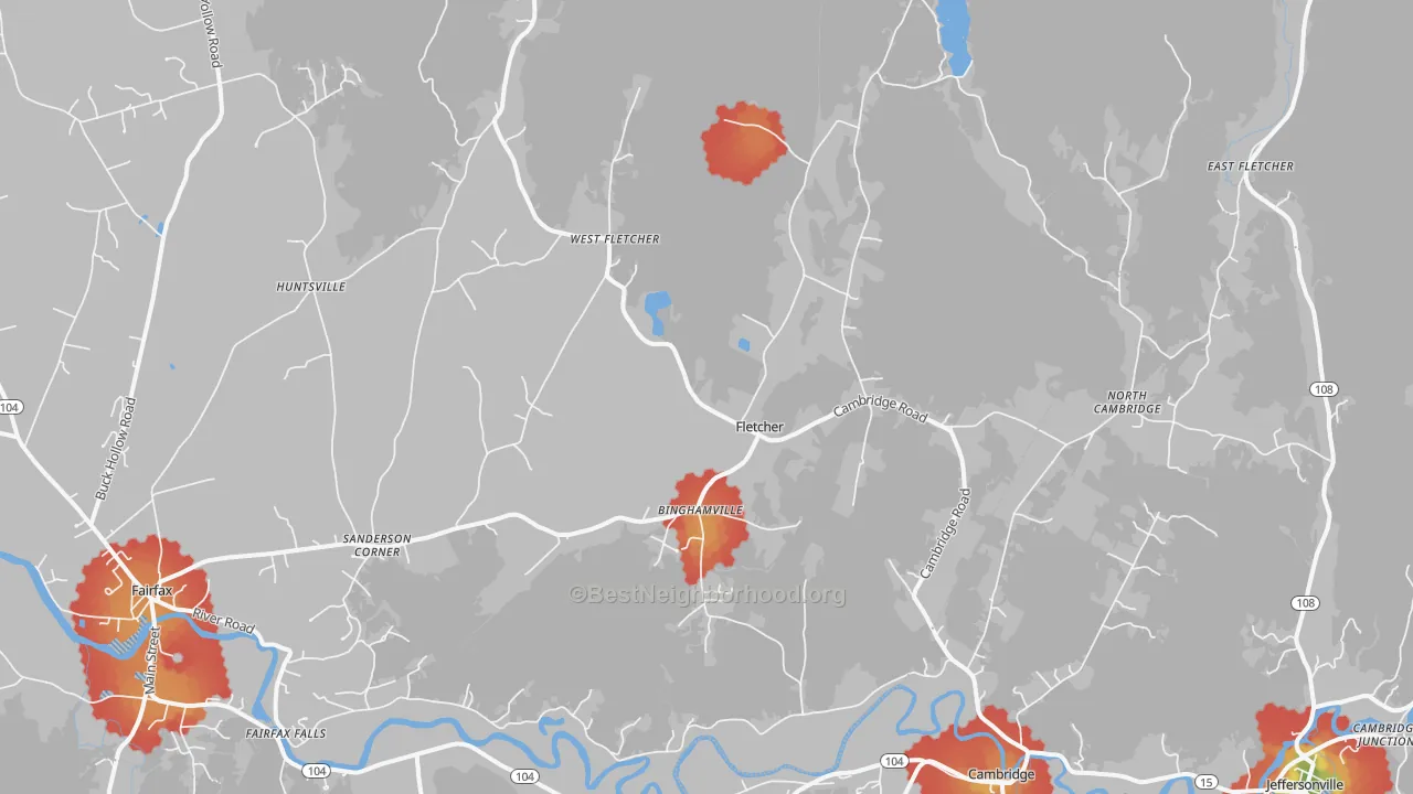 Walk Grade map of Fletcher, VT, walkable areas in green and car-dependent areas in red