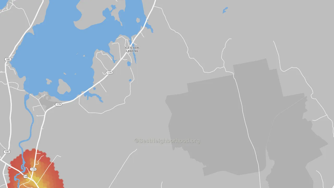 Walk Grade map of Fletchers Landing, ME, walkable areas in green and car-dependent areas in red