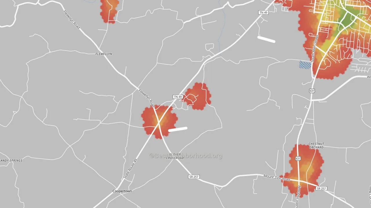 Walk Grade map of Flewellyn, TN, walkable areas in green and car-dependent areas in red