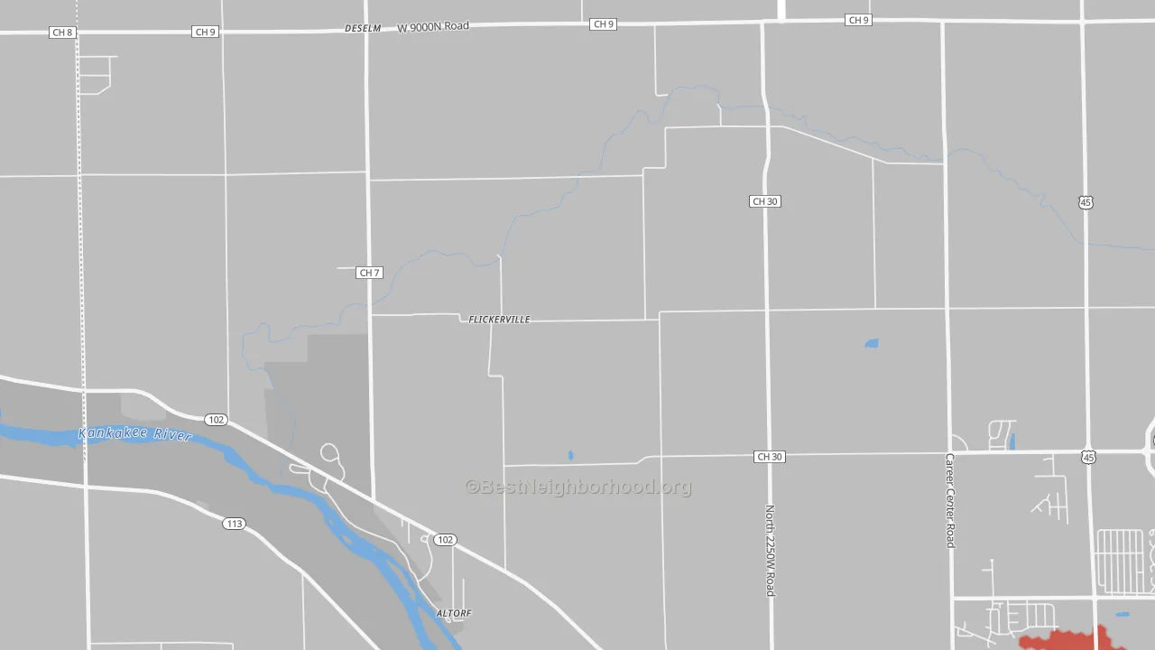 Walk Grade map of Flickerville, IL, walkable areas in green and car-dependent areas in red