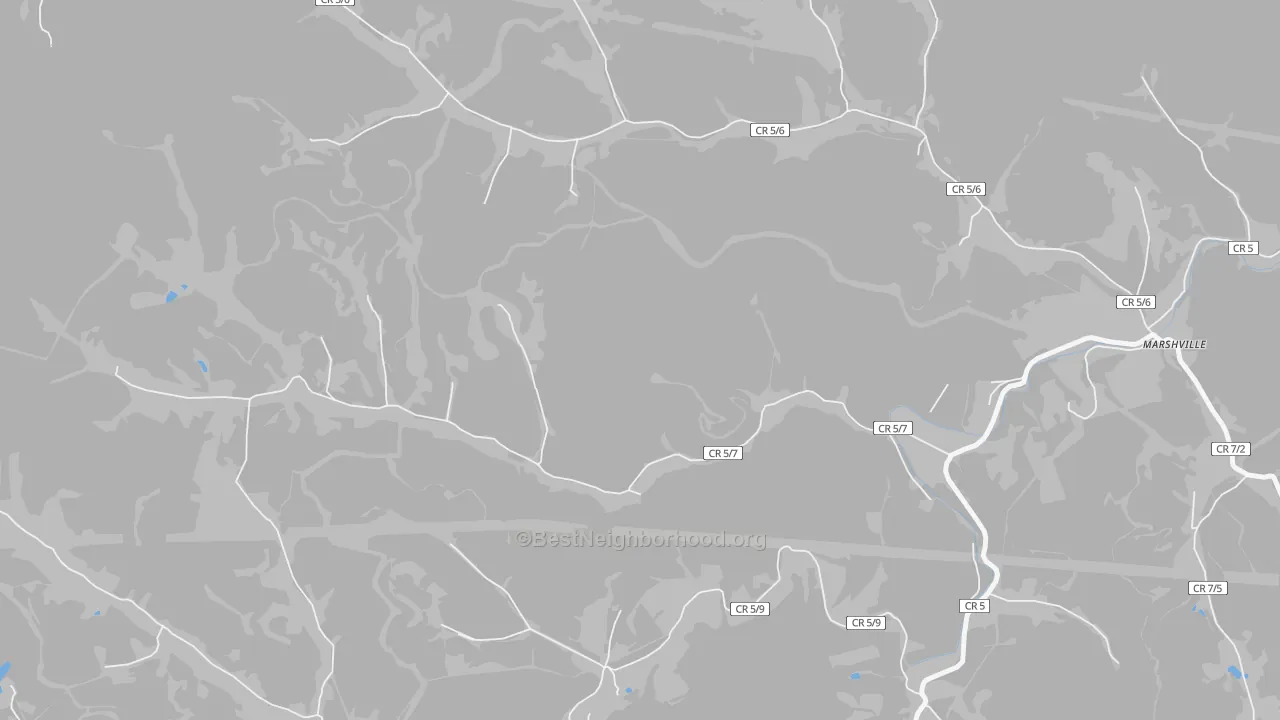 Walk Grade map of Flinderation, WV, walkable areas in green and car-dependent areas in red