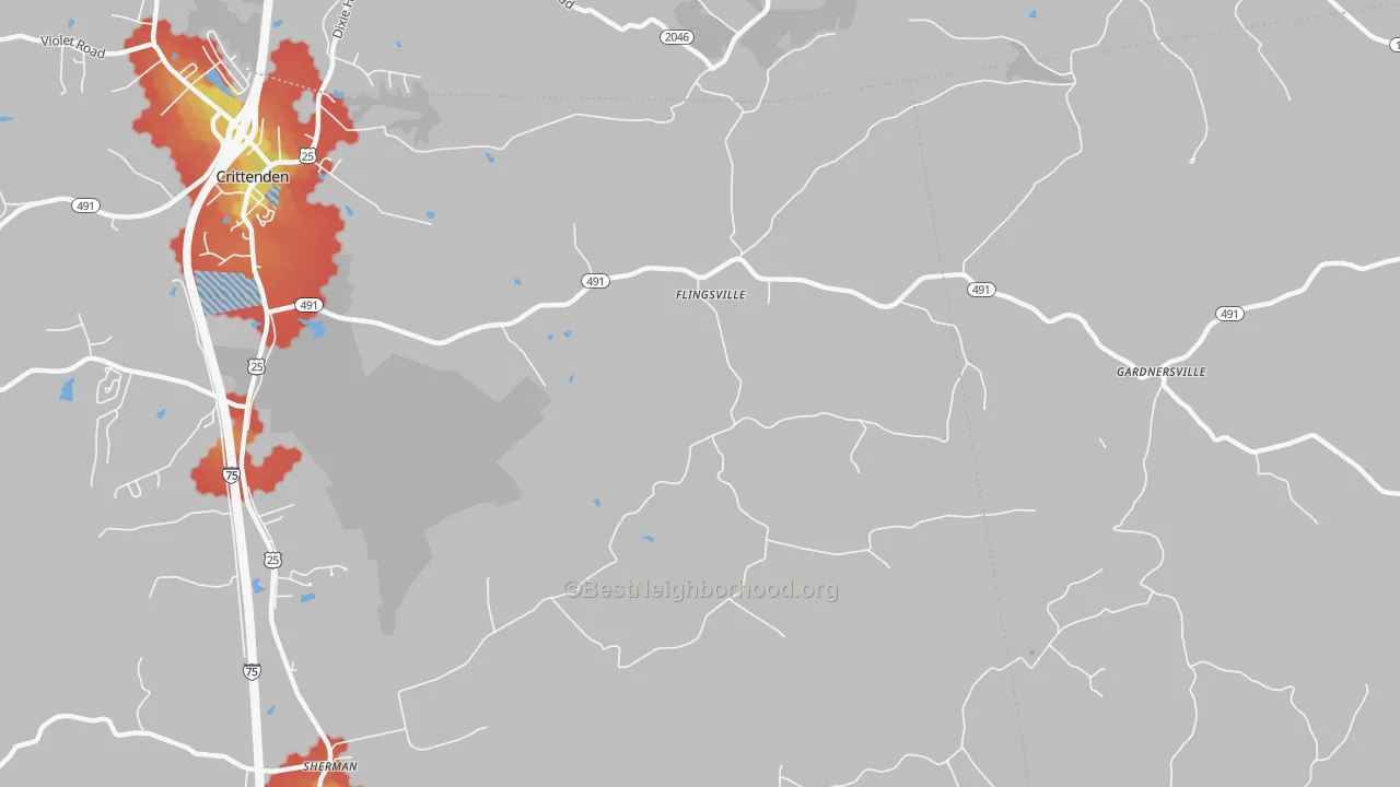Walk Grade map of Flingsville, KY, walkable areas in green and car-dependent areas in red