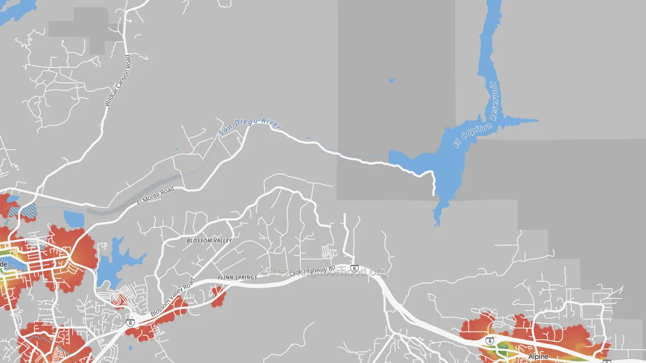 Walk Grade map of Flinn Springs, CA, walkable areas in green and car-dependent areas in red