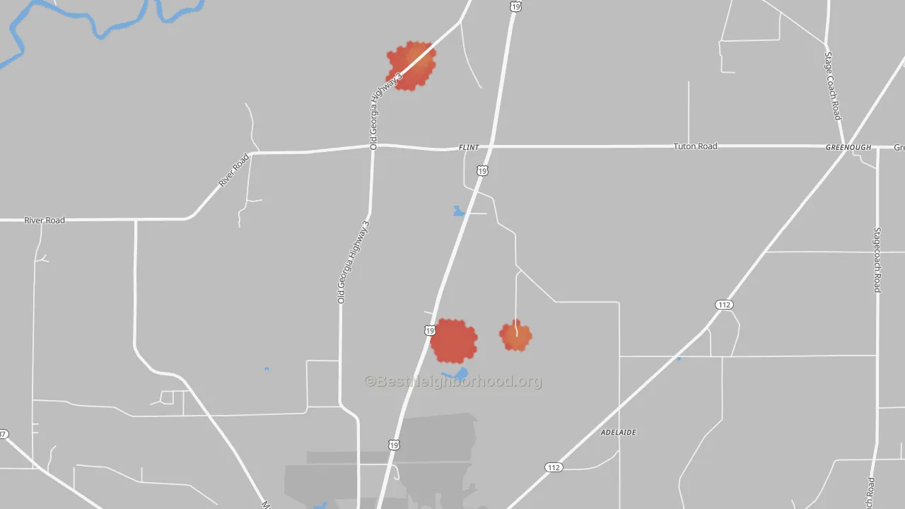 Walk Grade map of Flint, GA, walkable areas in green and car-dependent areas in red