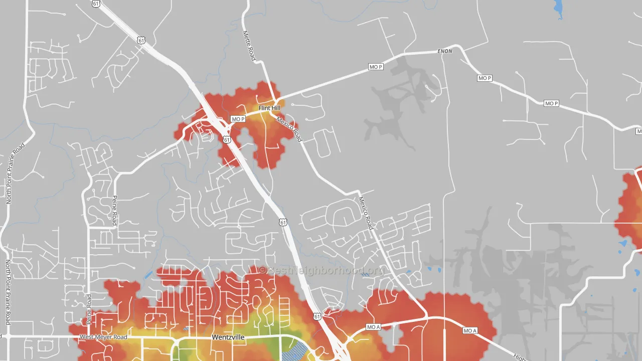 Walk Grade map of Flint Hill, MO, walkable areas in green and car-dependent areas in red