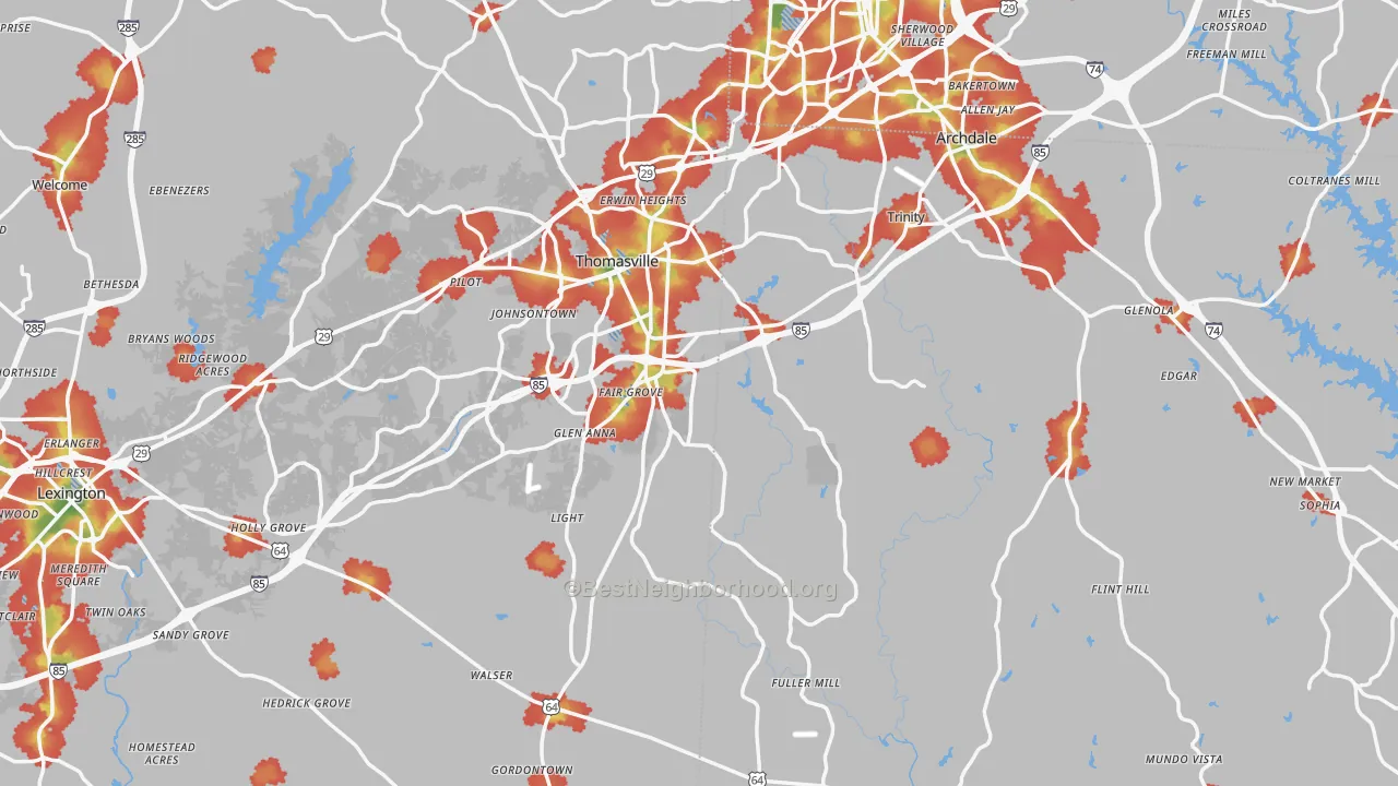 Walk Grade map of Flint Hill, NC, walkable areas in green and car-dependent areas in red