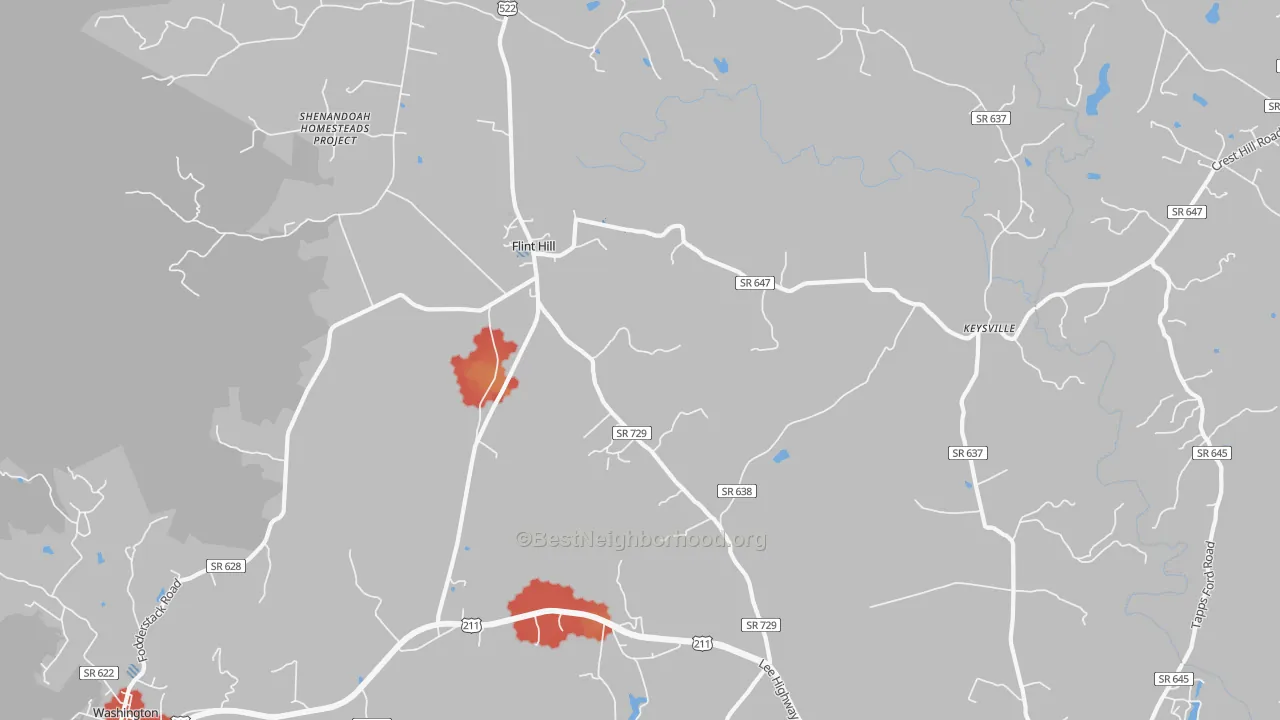 Walk Grade map of Flint Hill, VA, walkable areas in green and car-dependent areas in red