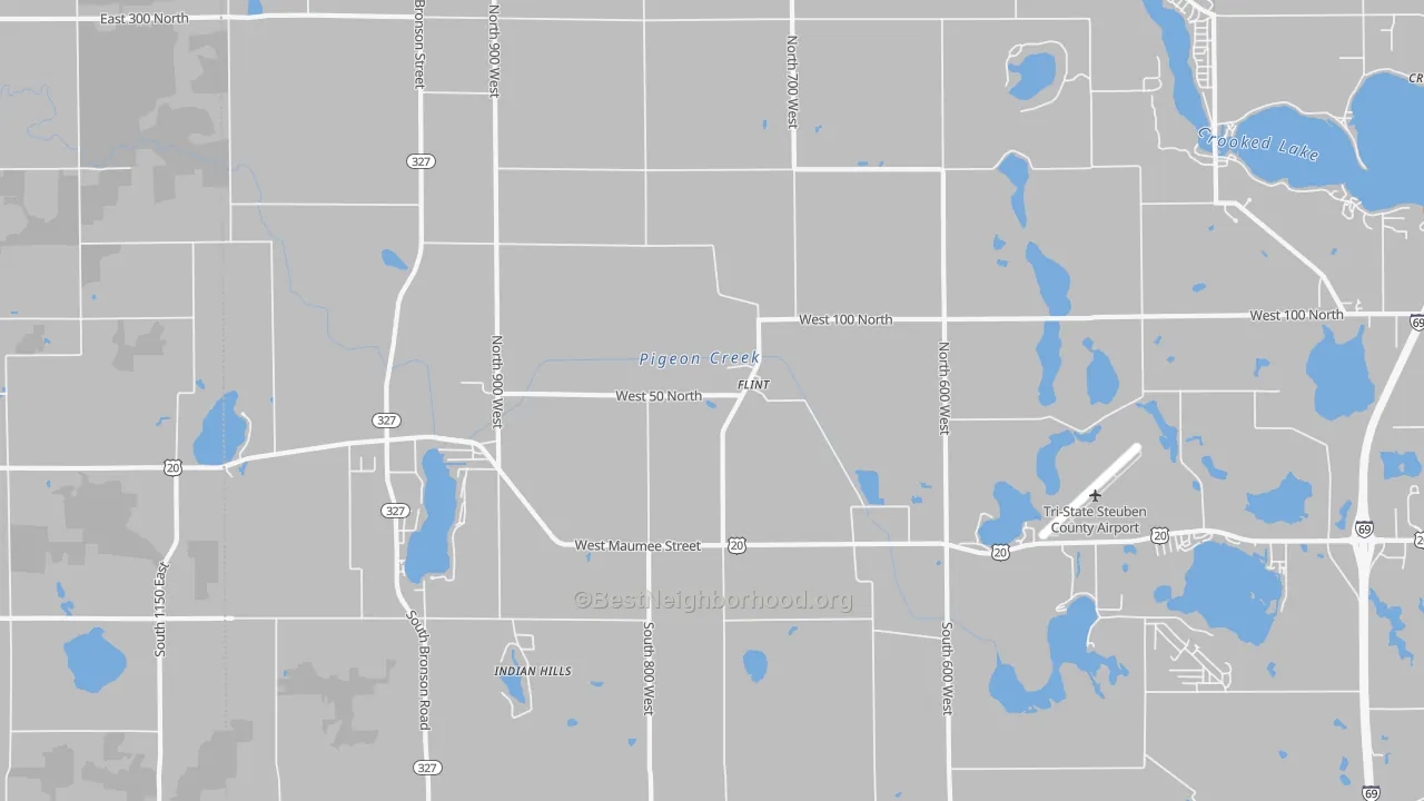 Walk Grade map of Flint, IN, walkable areas in green and car-dependent areas in red