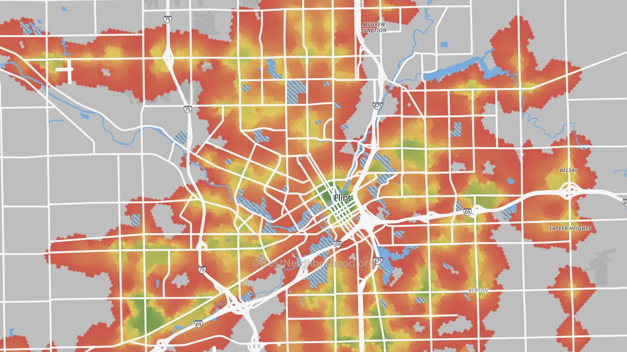 Walk Grade map of Flint, MI, walkable areas in green and car-dependent areas in red