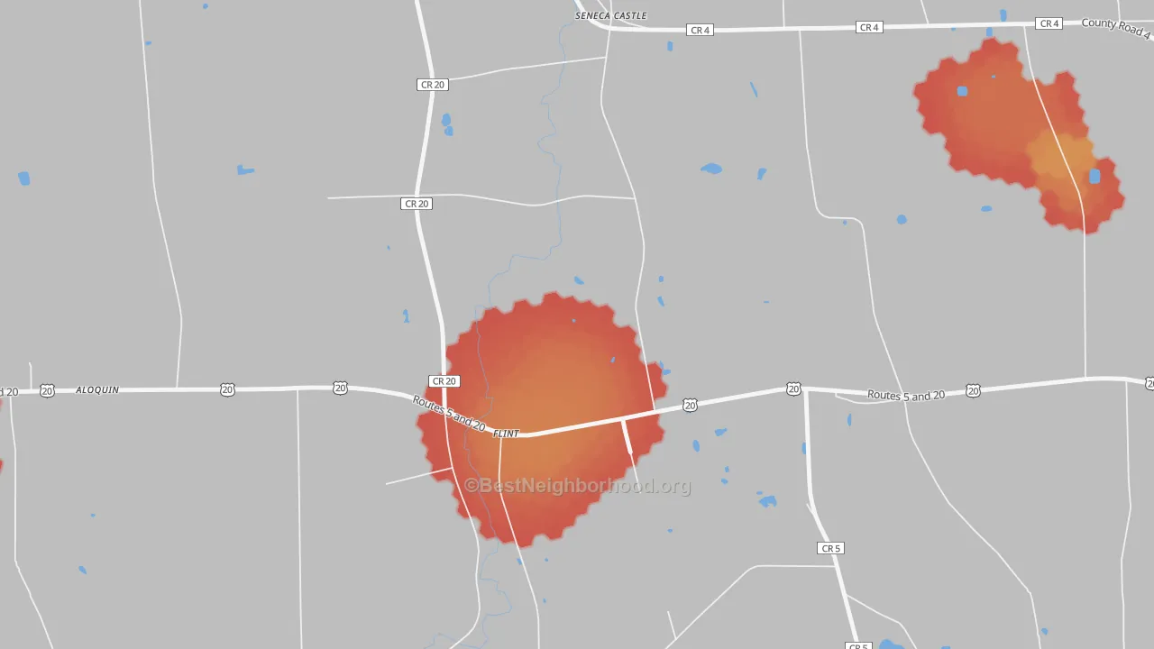 Walk Grade map of Flint, NY, walkable areas in green and car-dependent areas in red