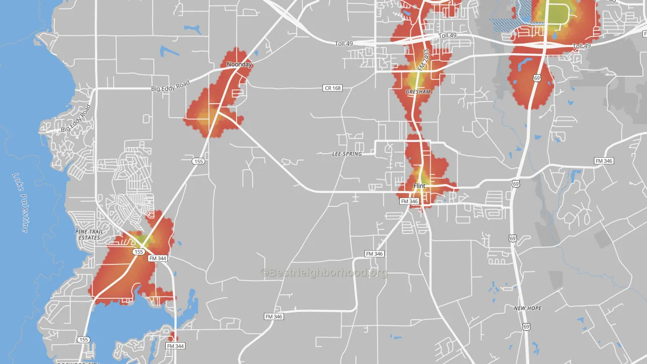 Walk Grade map of Flint, TX, walkable areas in green and car-dependent areas in red