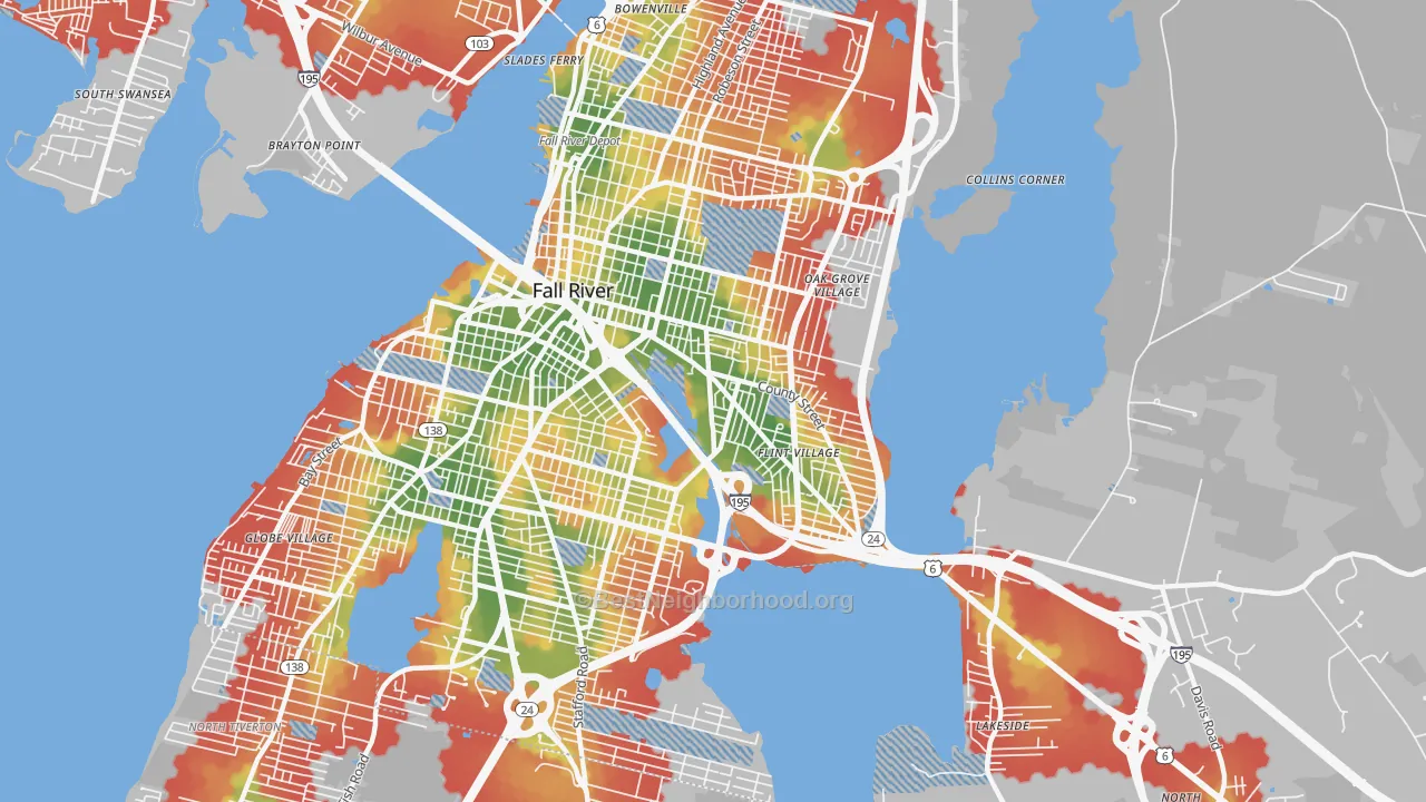 Walk Grade map of Flint Village, Fall River, MA, walkable areas in green and car-dependent areas in red
