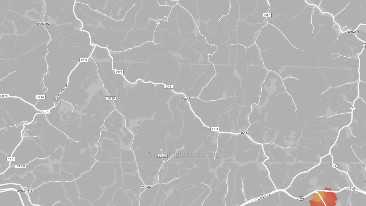 Walk Grade map of Flint, WV, walkable areas in green and car-dependent areas in red
