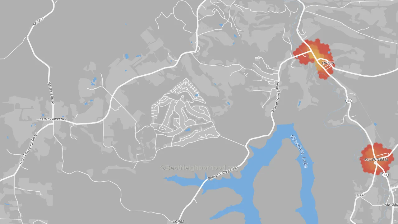 Walk Grade map of Flinton, PA, walkable areas in green and car-dependent areas in red