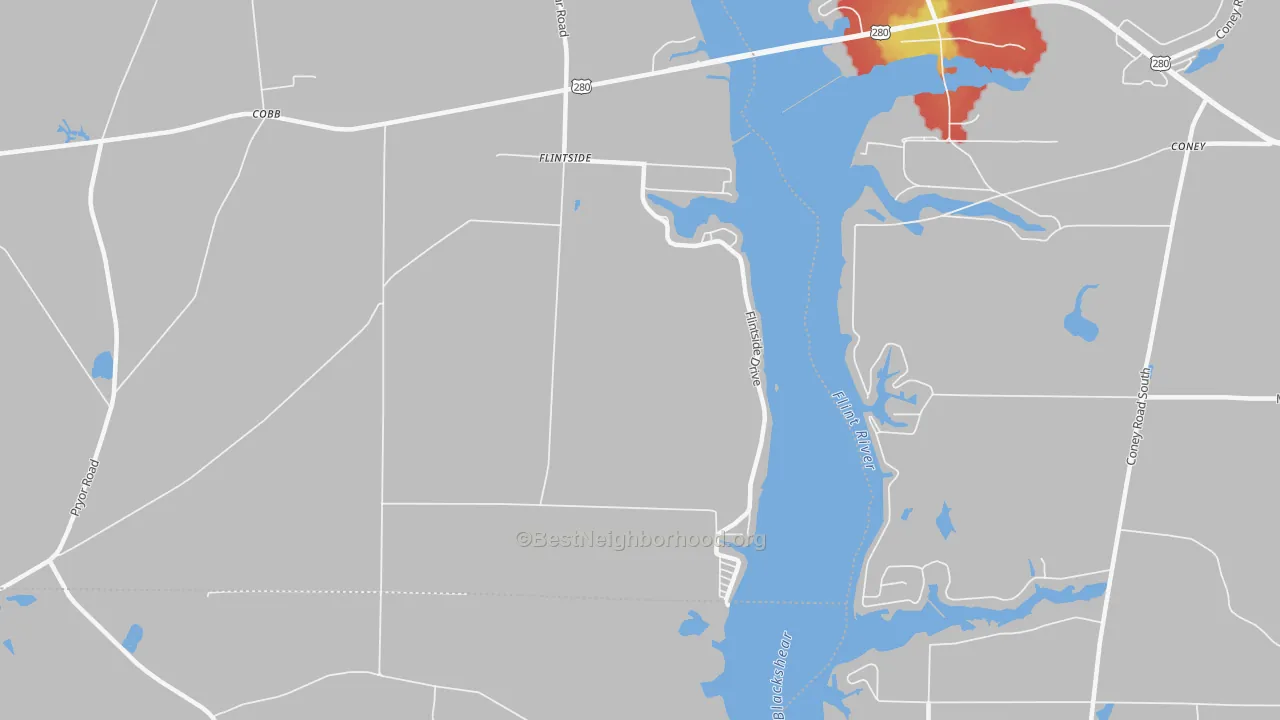 Walk Grade map of Flintside, GA, walkable areas in green and car-dependent areas in red