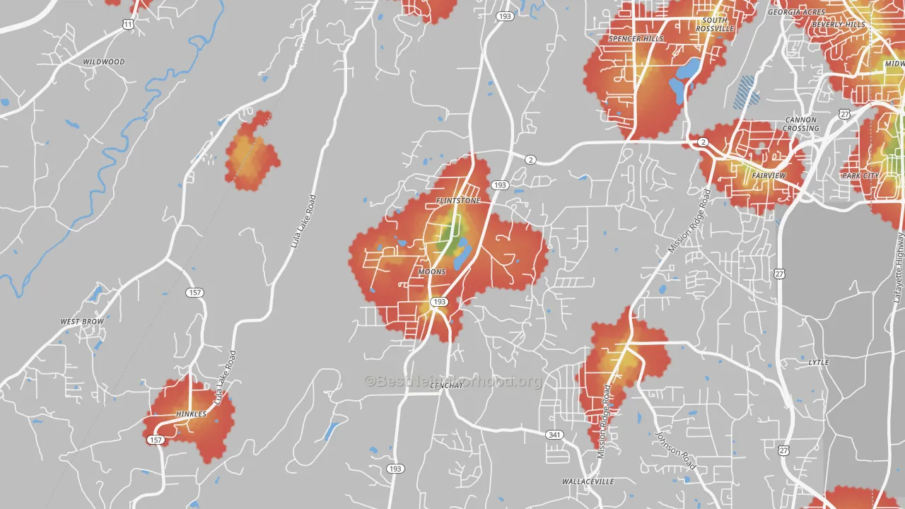 Walk Grade map of Flintstone, GA, walkable areas in green and car-dependent areas in red