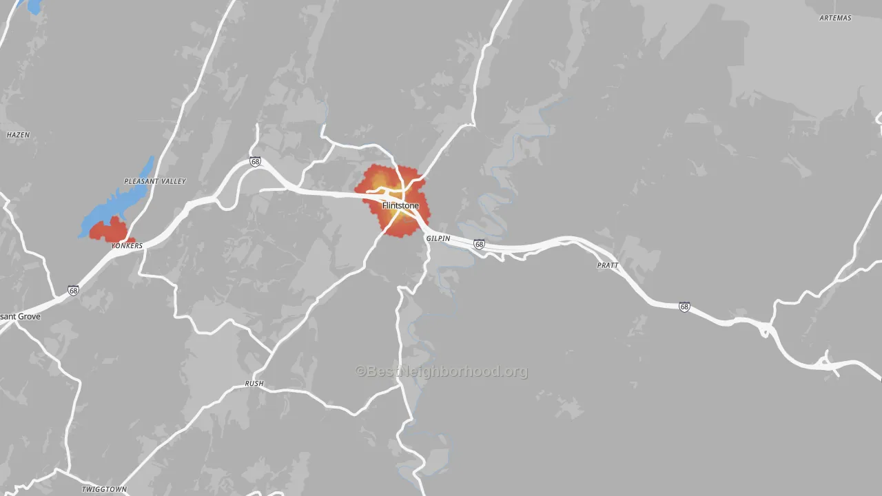 Walk Grade map of Flintstone, MD, walkable areas in green and car-dependent areas in red