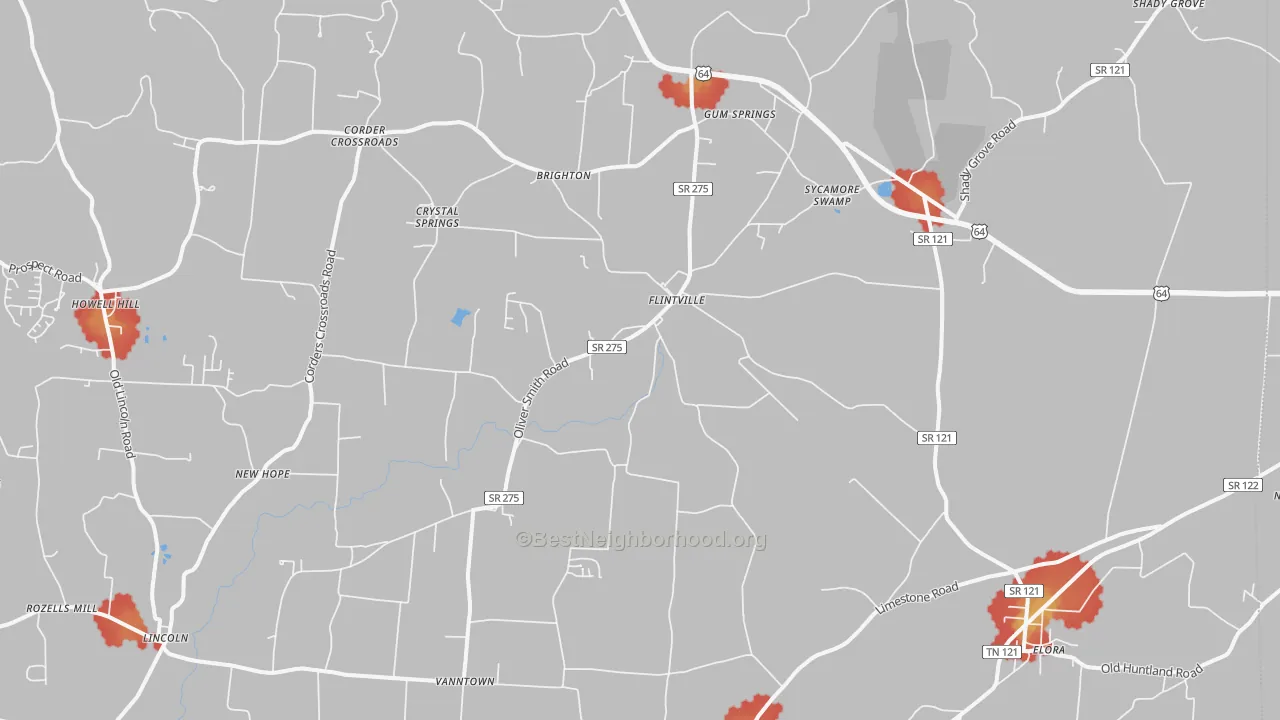 Walk Grade map of Flintville, TN, walkable areas in green and car-dependent areas in red